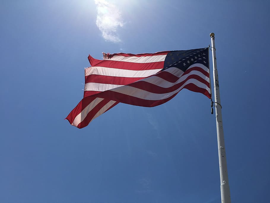 low-angle photography of US flag under clear blue sky, flag of USA HD wallpaper