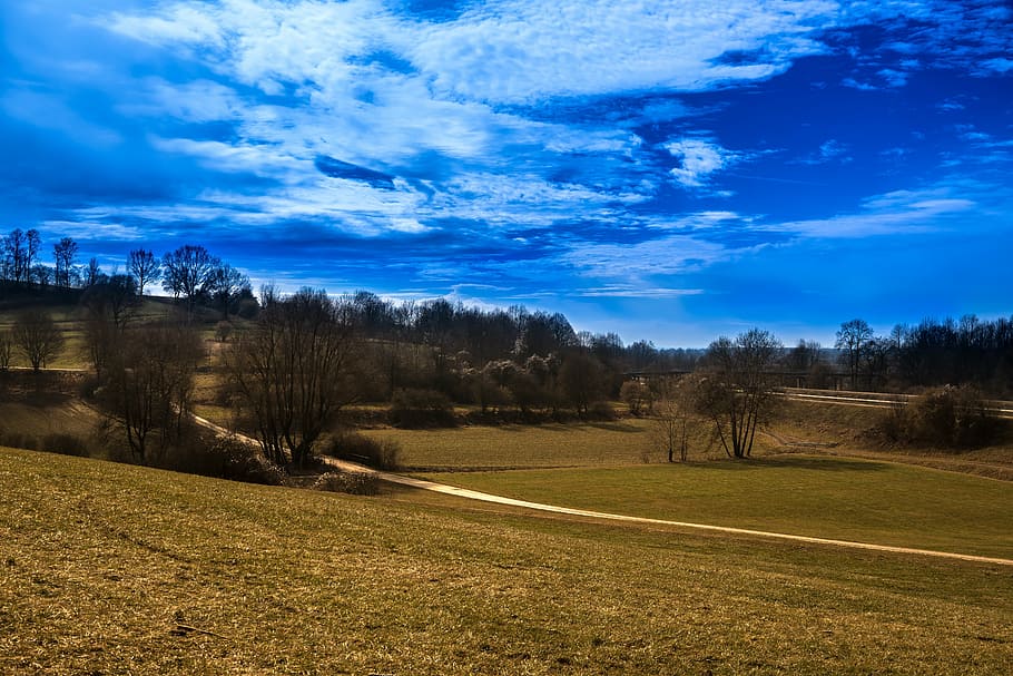 clouds, path, nature, sky, meadow, landscape, walk, view, away HD wallpaper