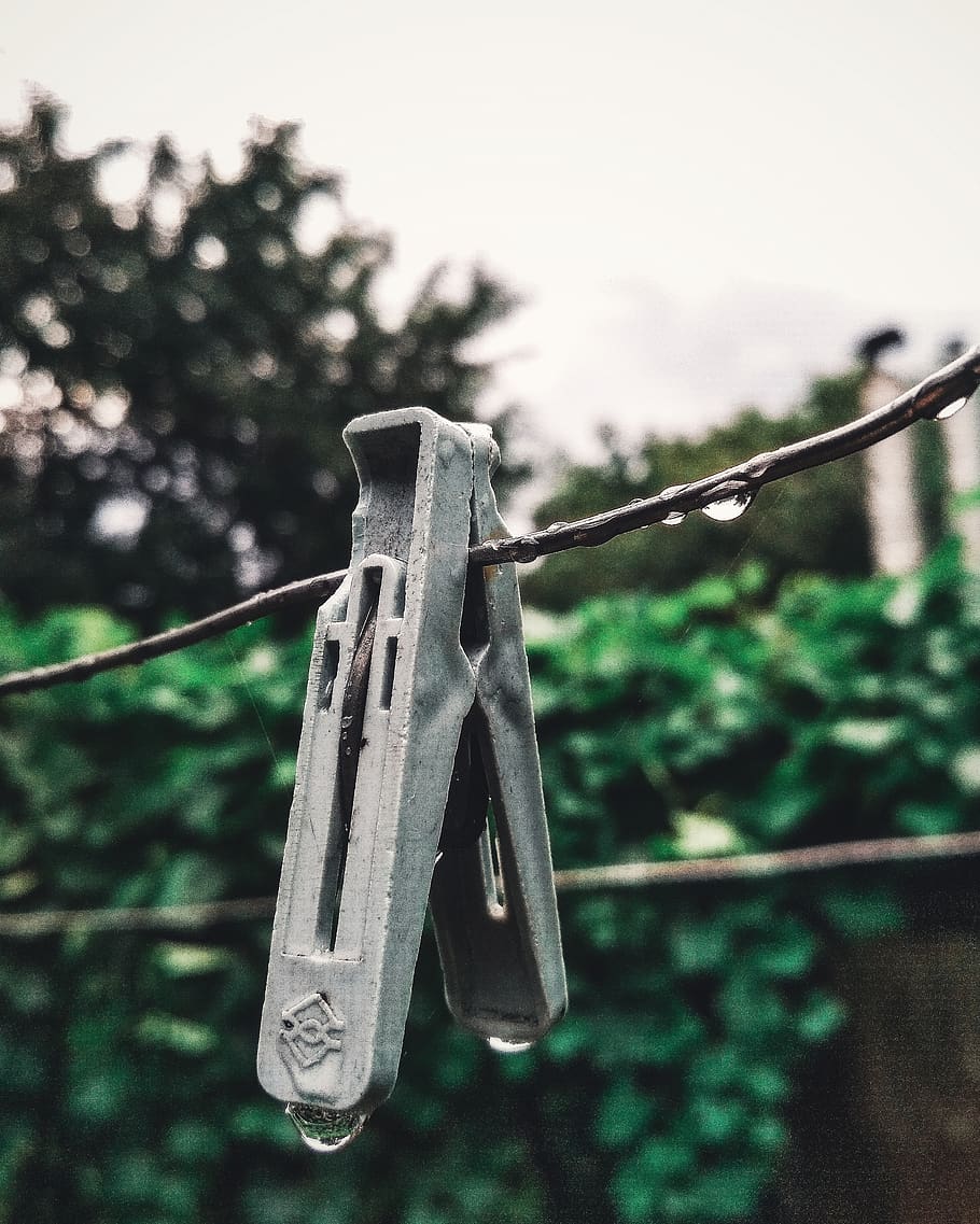 rain, drops, pin, macro, hanging, focus on foreground, clothespin HD wallpaper