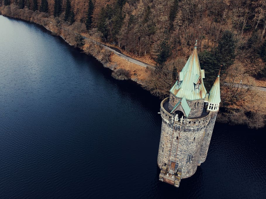 high-angle view of gray concrete castle, blue concrete palace HD wallpaper