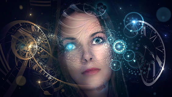 brown haired woman, fantasy, portrait, clock, time, mystical HD wallpaper