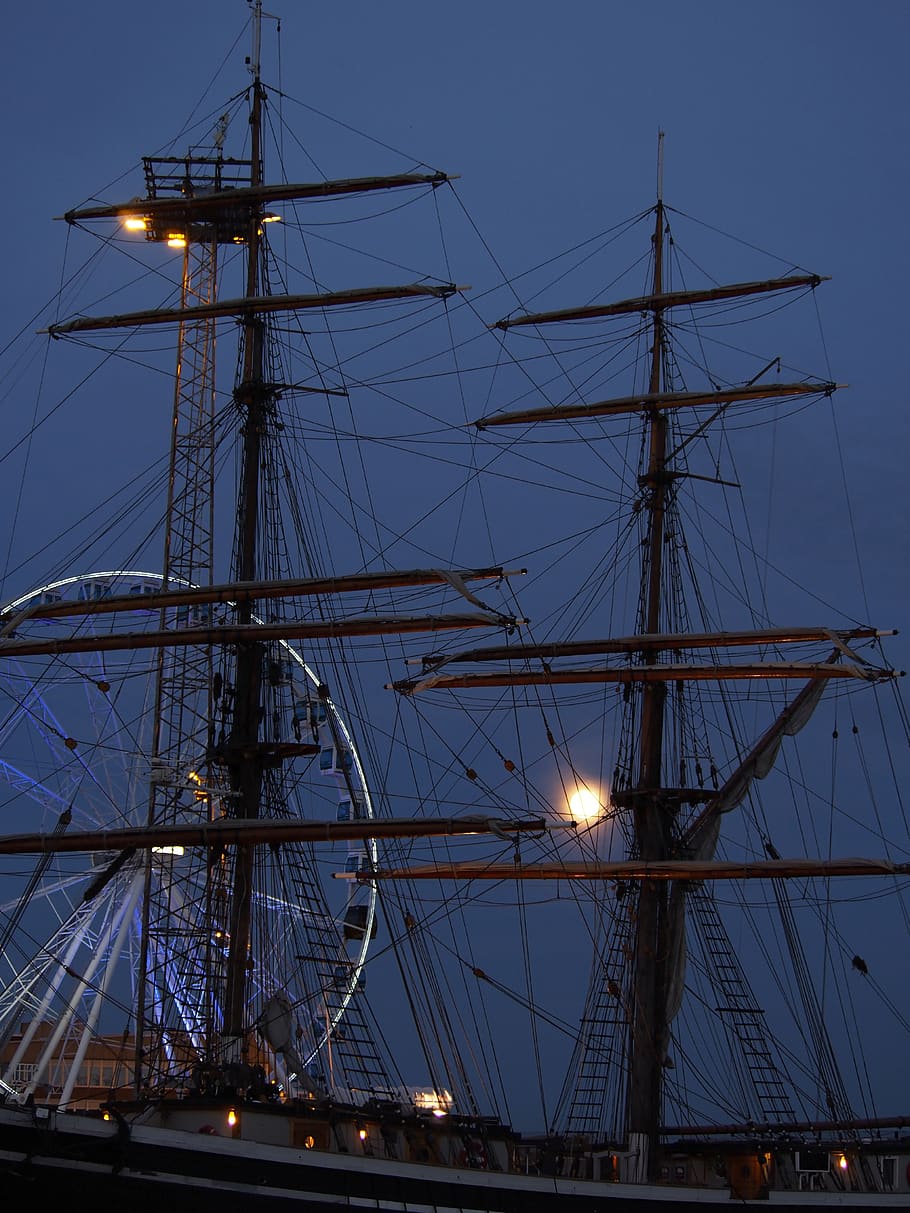 ship, moon, port, evening, nautical vessel, sailboat, transportation HD wallpaper
