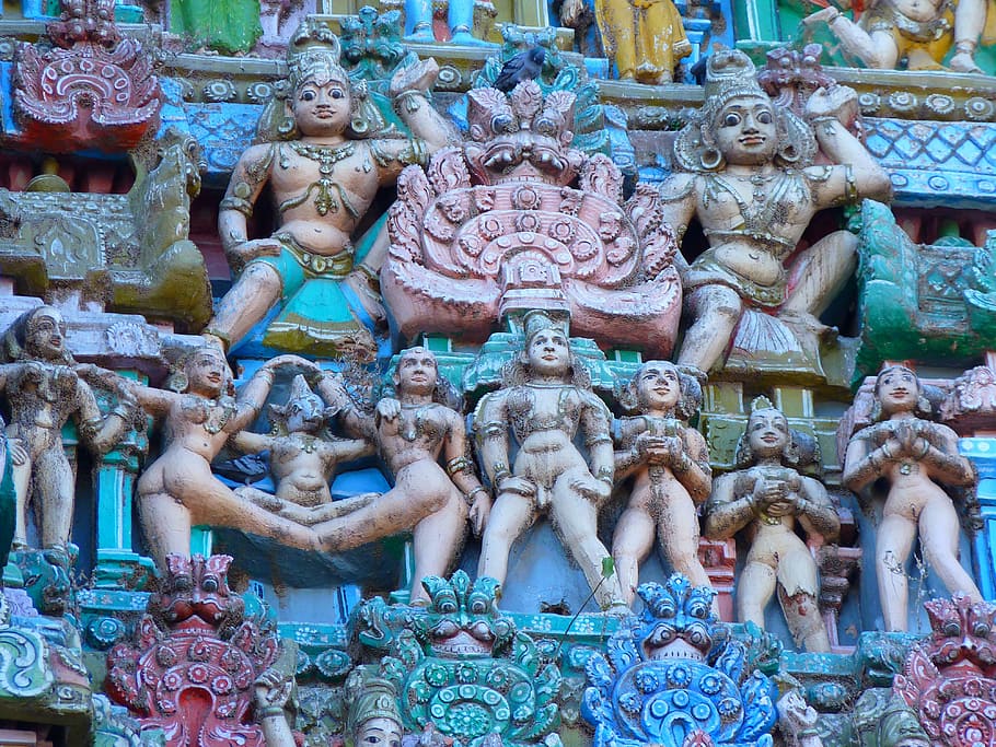 temple figures, colorful, vishnu, kumbakonam india, art and craft