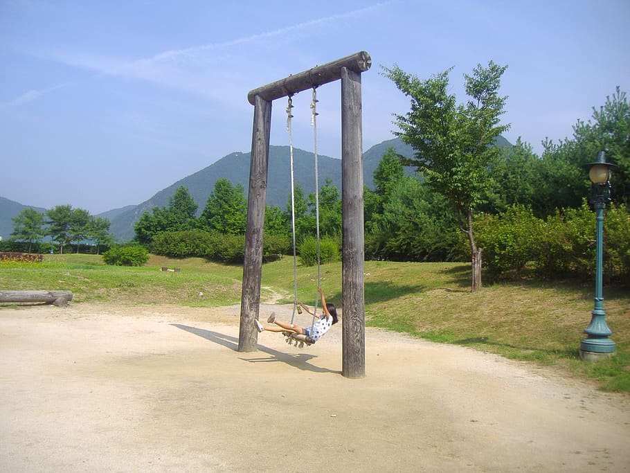 swing, children, nature, plant, tree, day, sky, sunlight, playground HD wallpaper