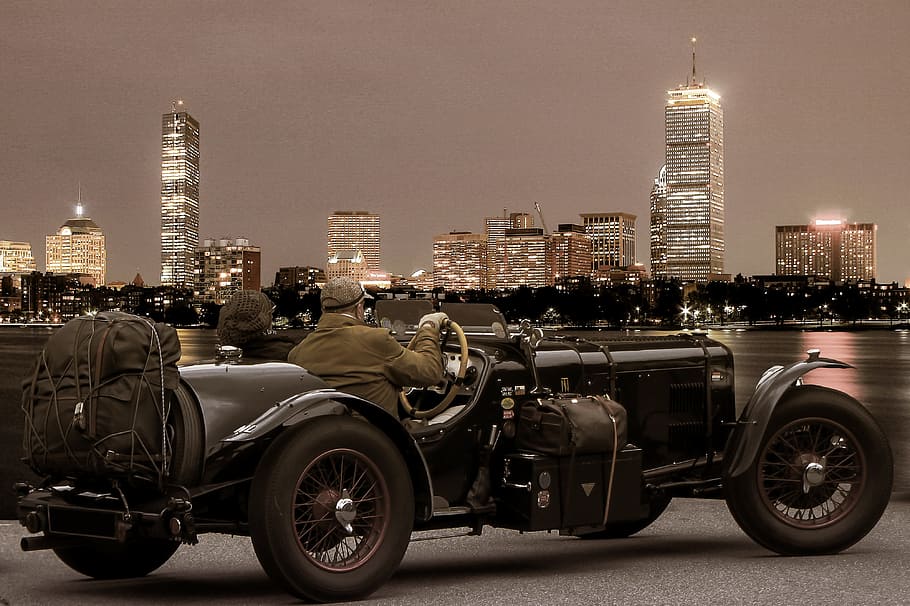 couple riding black vintage car, Nostalgia, Oldtimer, View, Romantic, HD wallpaper