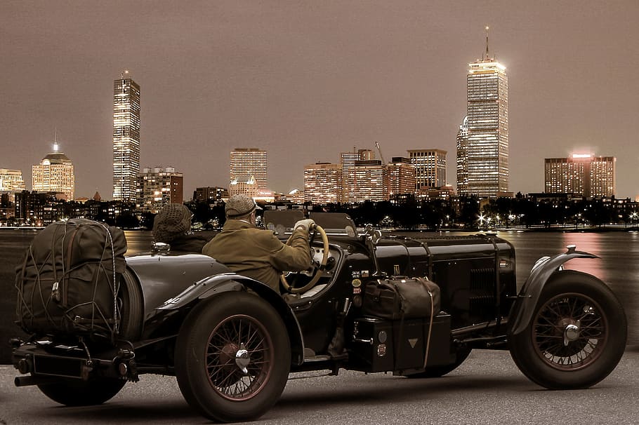 couple riding black vintage car, Nostalgia, Oldtimer, View HD wallpaper
