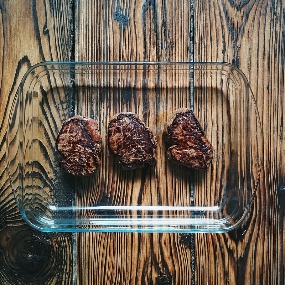 Beef steaks done, meat, paleo, top view, wood, food, wood - Material HD wallpaper