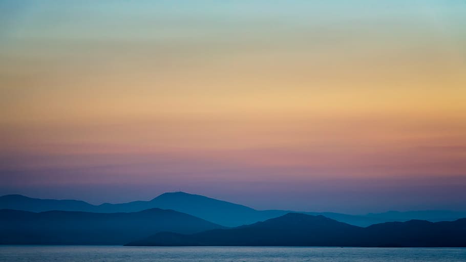 dawn, dusk, landscape, mist, mountains, outdoors, placid, sea HD wallpaper
