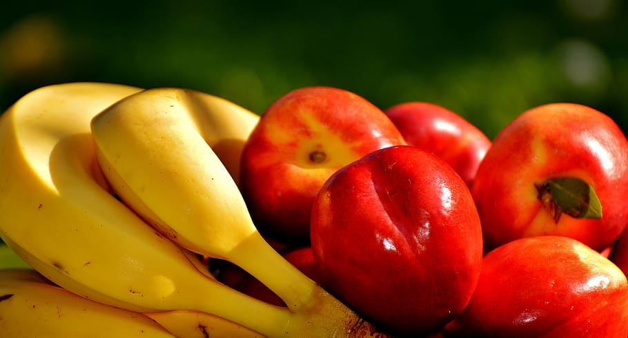 closeup photo of banana and apple fruits, bananas, nectarines HD wallpaper