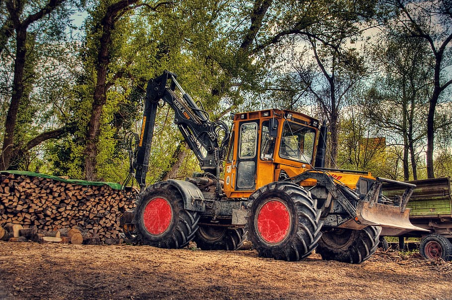 Tractor, Agriculture, Wood, Nature, landscape, clouds, sky, HD wallpaper