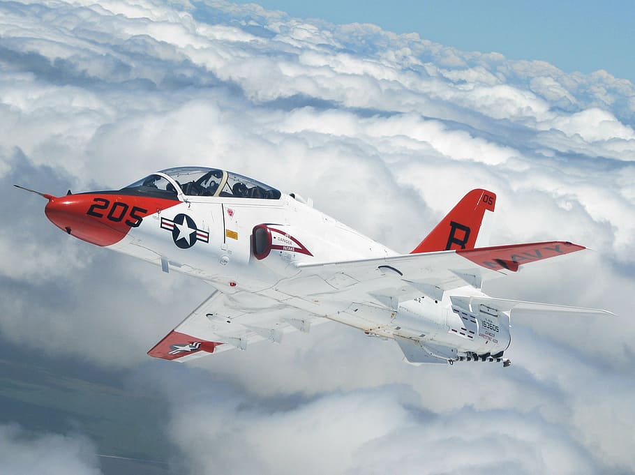 red and white fighter plane above clouds, aircraft, jet, flyer