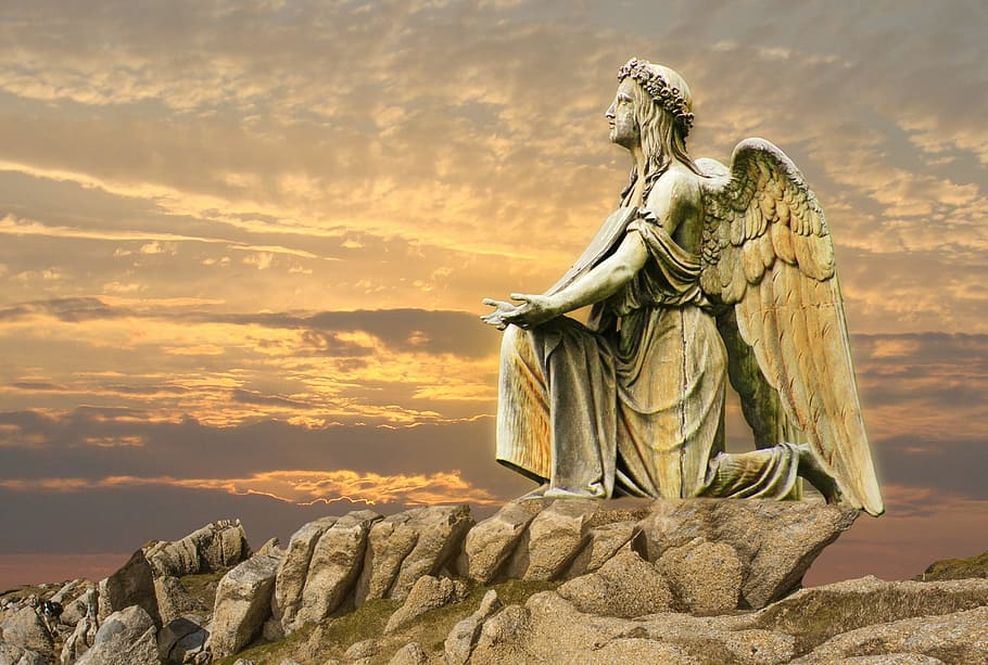 angel statue during golden hour, sculpture, sky, art, travel