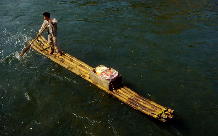 transportation, china, bamboo, float, water, river, high angle view HD wallpaper