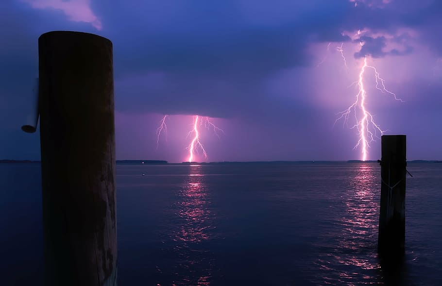 photo of lightning struck near body of water during nighttime HD wallpaper