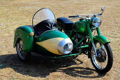 green motorcycle, sidecar, old motorcycle, oldtimer, historically HD wallpaper