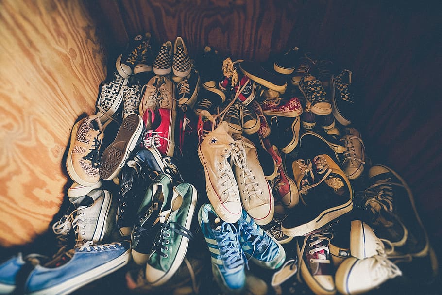 photography of assorted-color shoes lot on box, assorted low-top sneakers collection HD wallpaper
