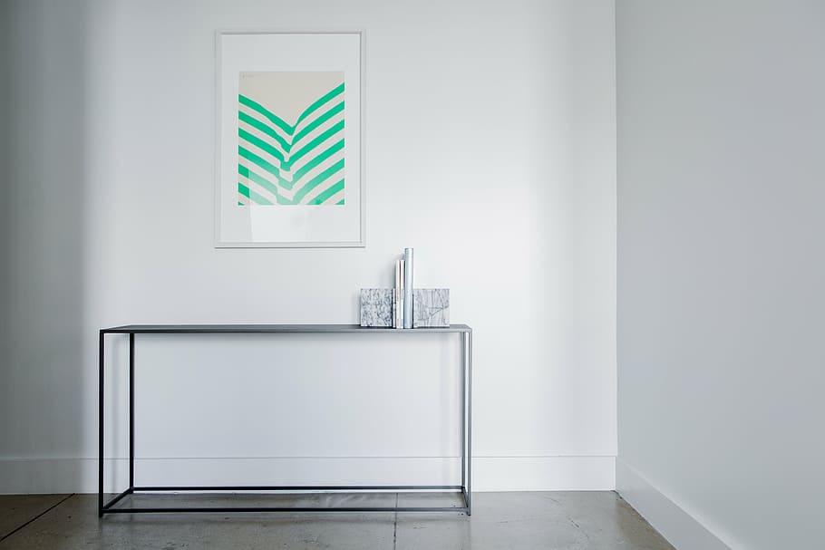green and white wall decor, frame, table, aesthetic, clean, domestic Room