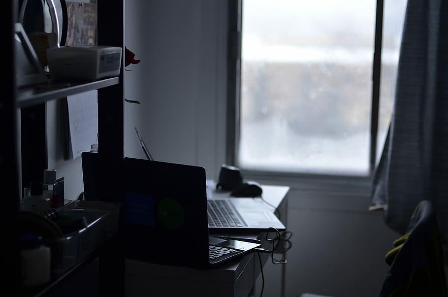 two laptop computers on table near window, black laptop computer on desk near window inside room during daytime HD wallpaper