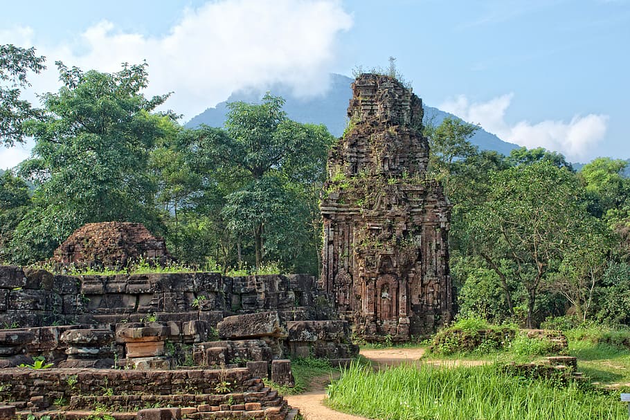 Angkor Wat, Cambodia, ancient gray tower, building, ruin, grass