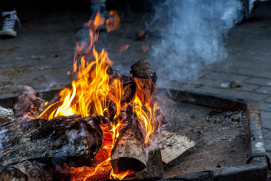 bonfire on fire pit, wood in fire during daytime, flame, smoke HD wallpaper