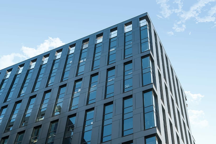 glass, architecture, high, sky, window, angle, clouds, office HD wallpaper