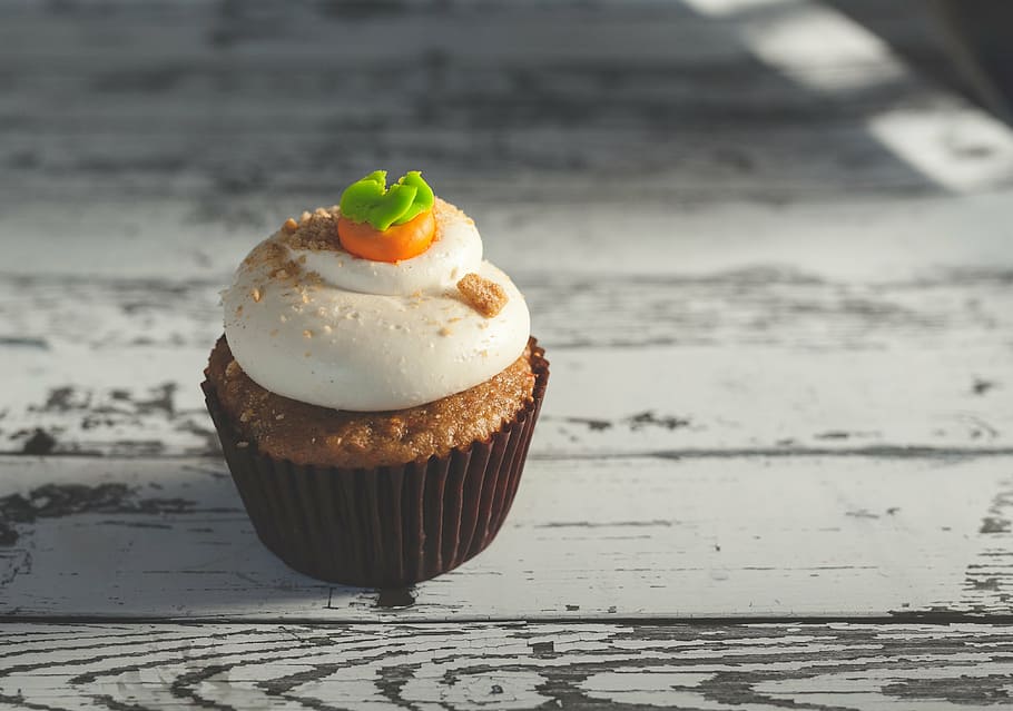 cupcake with icing-topping, cherry, dessert, sweet, pastry HD wallpaper