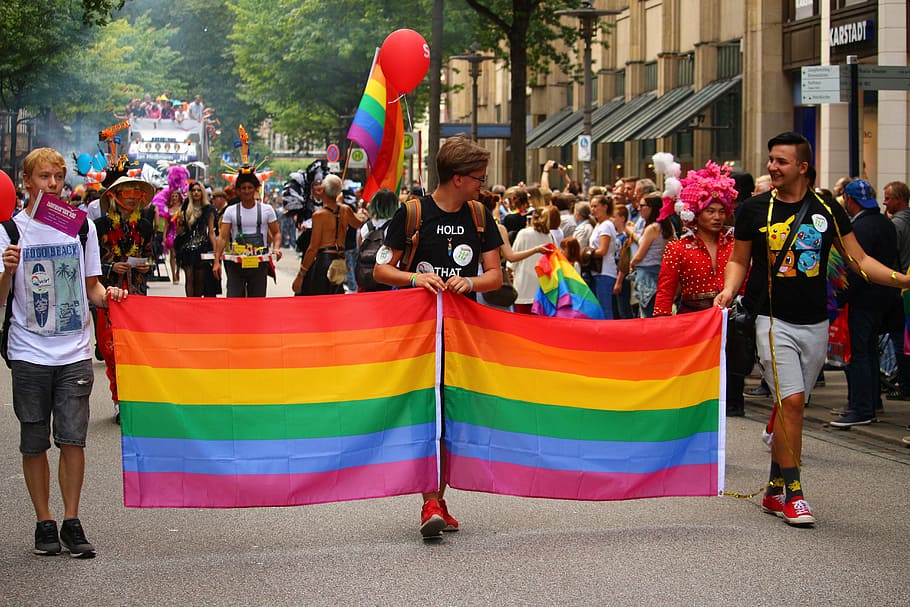 three men walking on road holding LGBT flag during daytime, csd