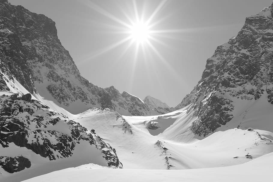 snow coated mountains during daytime, grayscale photo of snow-capped mountain HD wallpaper