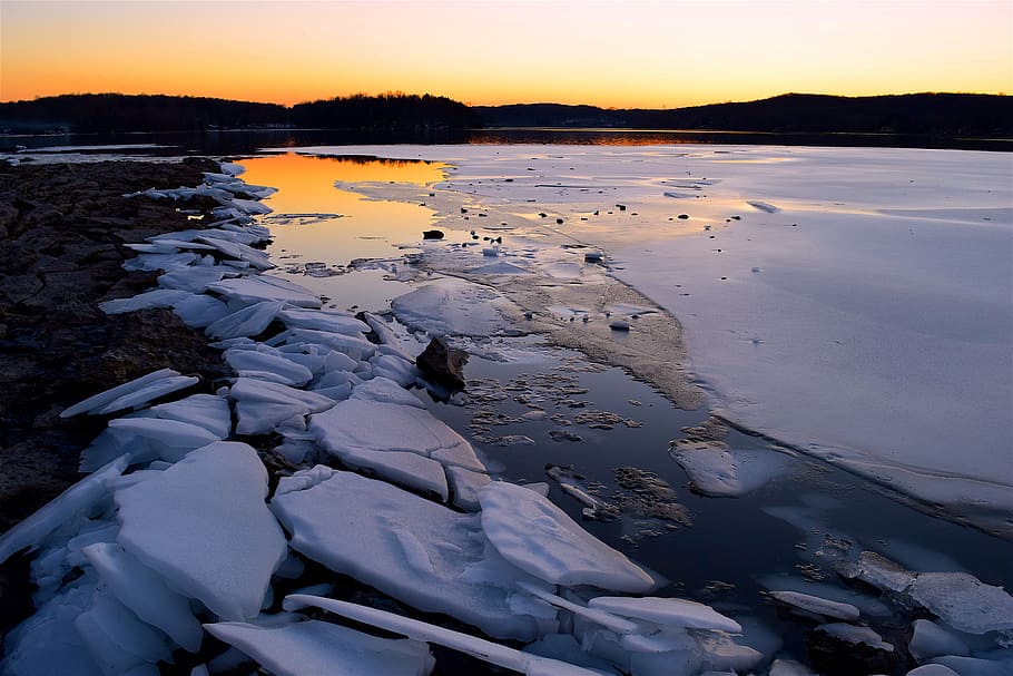 lake, sunset, ice, rock, reflection, water, sky, landscape HD wallpaper