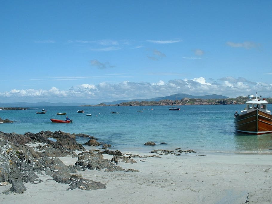 iona, mull, scotland, hebrides, scenery, water, sea, nautical vessel HD wallpaper