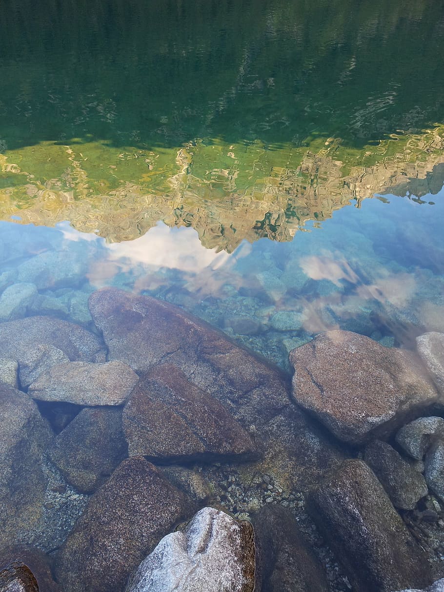 reflection, rocks, mountains, nature, beautiful, lake, stone HD wallpaper