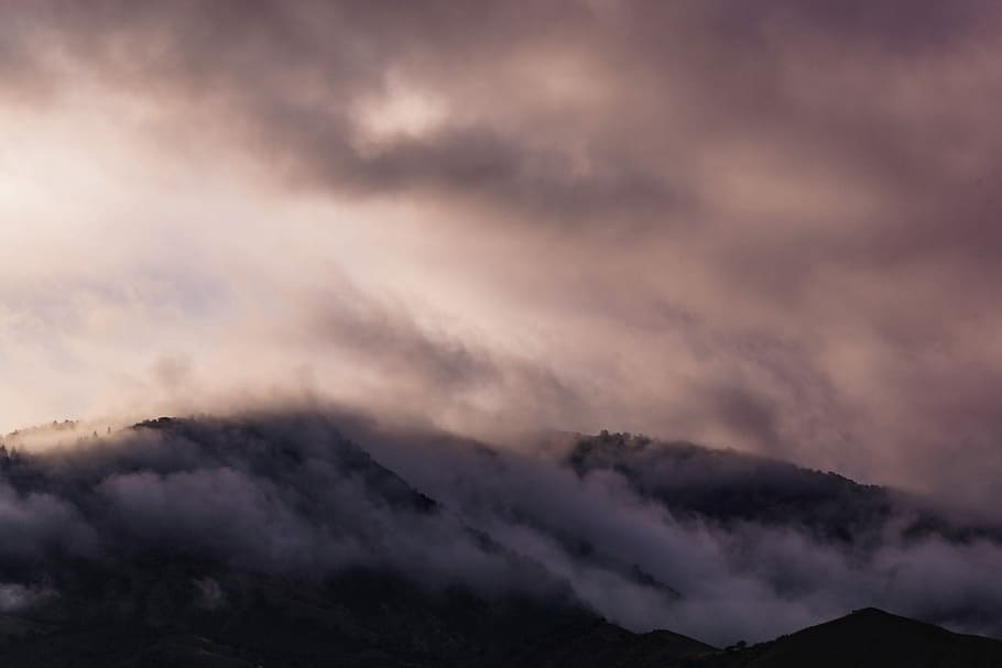 mountain surrounded by fog, silhouette of mountain under sky HD wallpaper