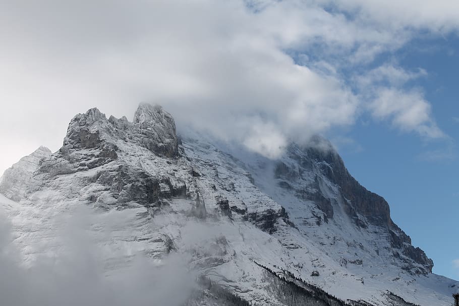 eiger, mountain, clouds, contrast, alpine, switzerland, north wall, HD wallpaper