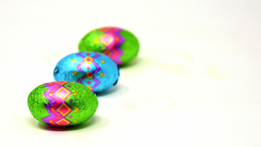 three multicolored Easter eggs, chocolate, colorful, happy easter HD wallpaper
