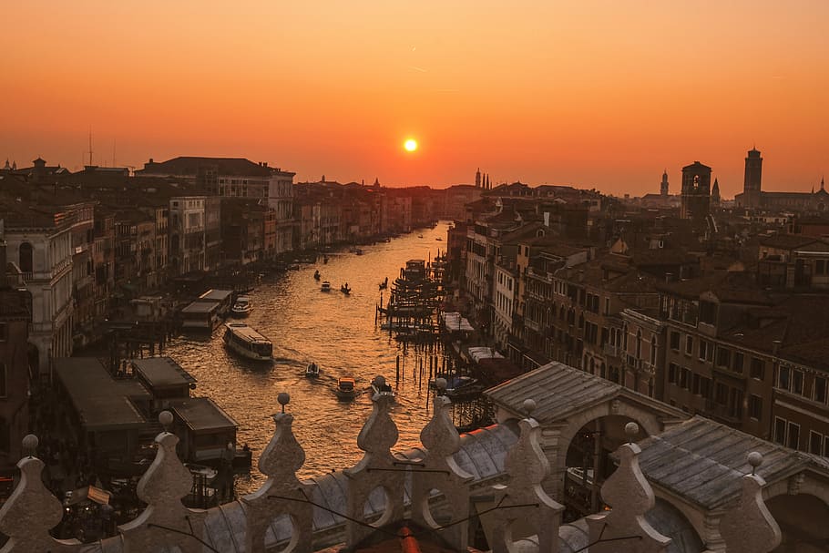aerial view photography of Grand Canal, Venice under golden hour, aerial shot of body of water HD wallpaper