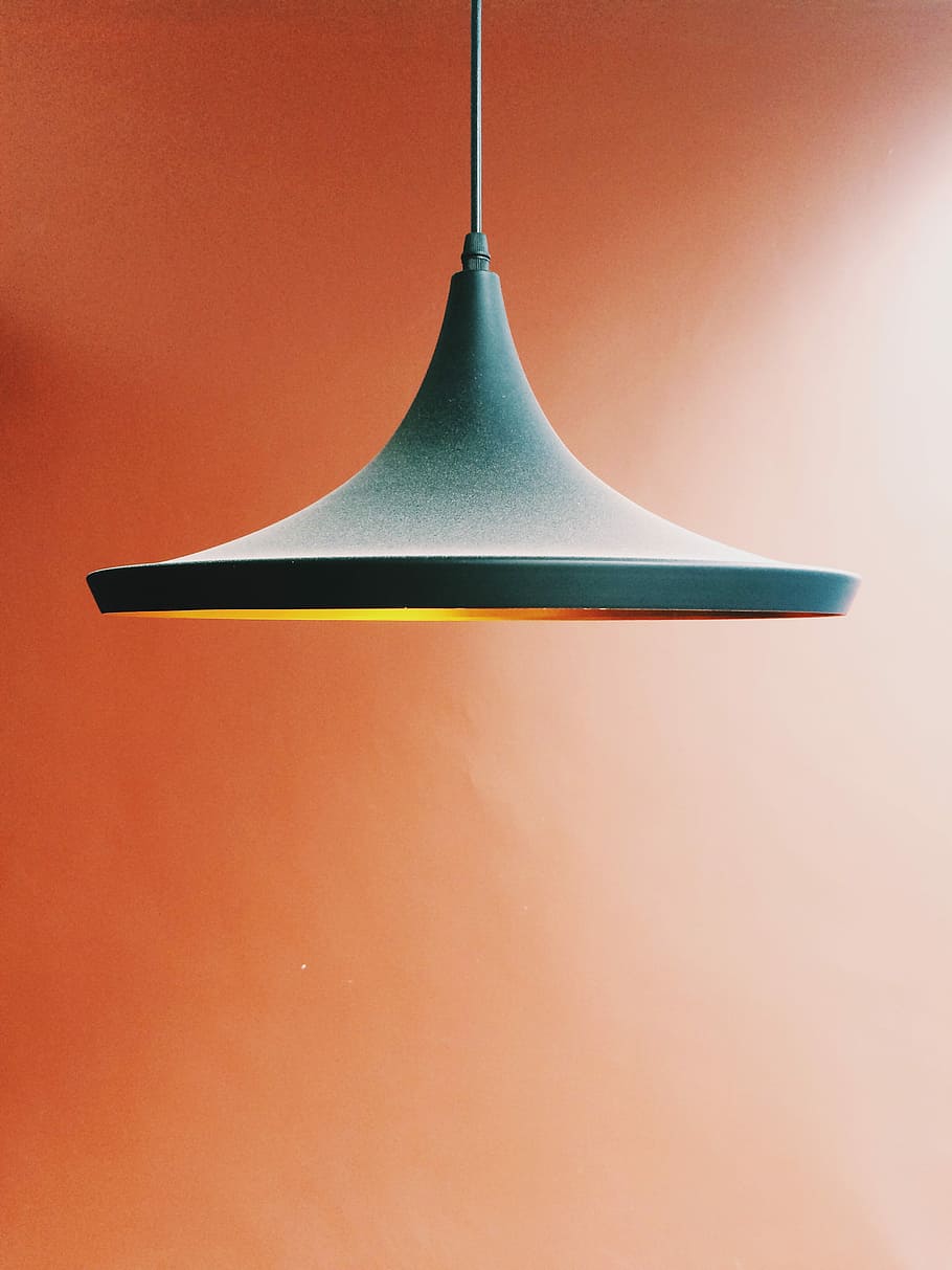 pendant lamp in orange background, lighted gray pendant lamp HD wallpaper