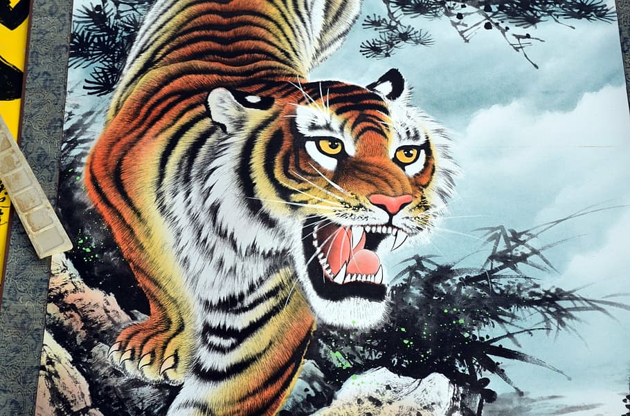 scroll, tiger, animals, china, painting, art, animal themes HD wallpaper