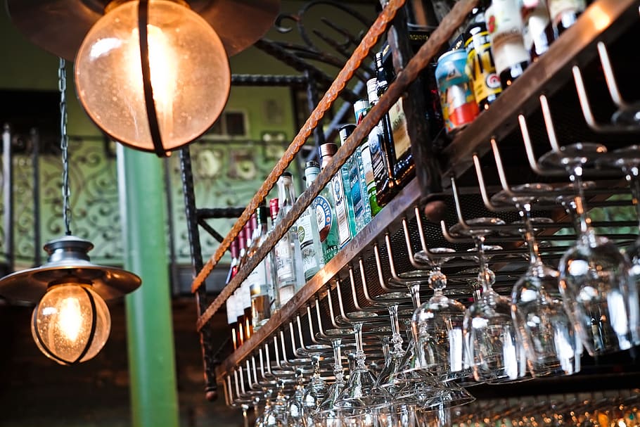 turned-on pendant lamps near wine glasses, bar, alcohol, drinks HD wallpaper