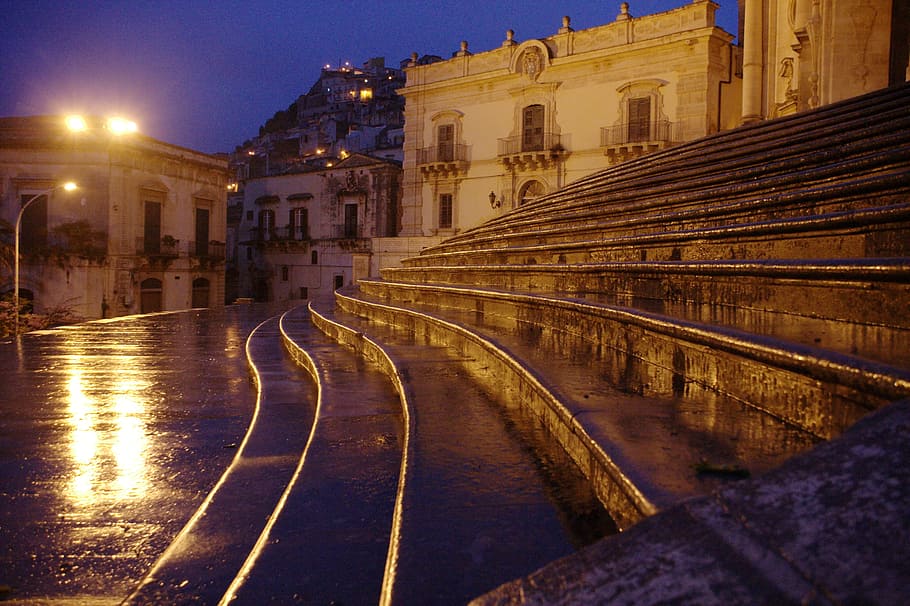 white castle, italy, sicily, modica, rain, twilight, stairs HD wallpaper
