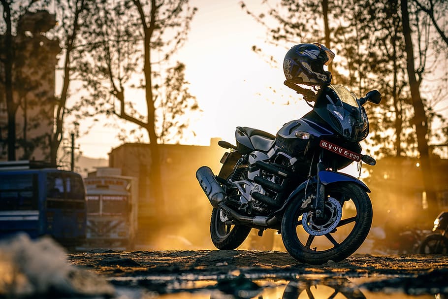 motorcycle, bike, engine, road, sunset, helmet, headwear, transportation HD wallpaper