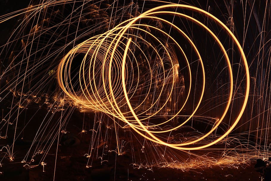 Steel Wool Photography during Night, dark, lights, sparks, time lapse HD wallpaper