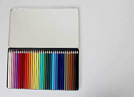 assorted-colored pencils lot in metal case, Colour, School HD wallpaper