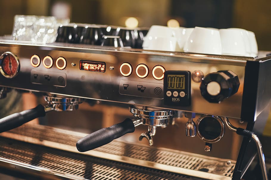 close view of gray espresso machine, grey nespresso machine, coffee