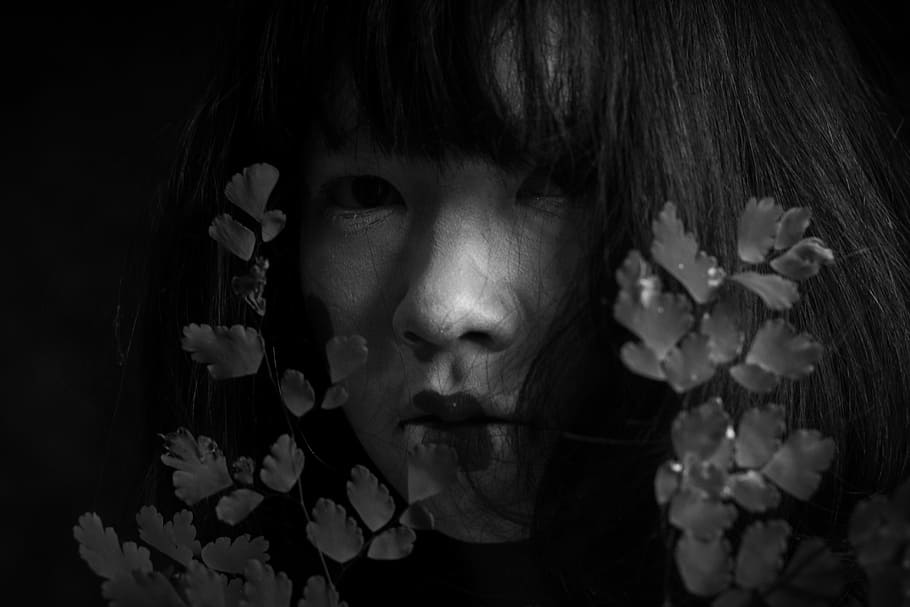 In The Void of Darkness, grayscale photography of woman, portrait, HD wallpaper