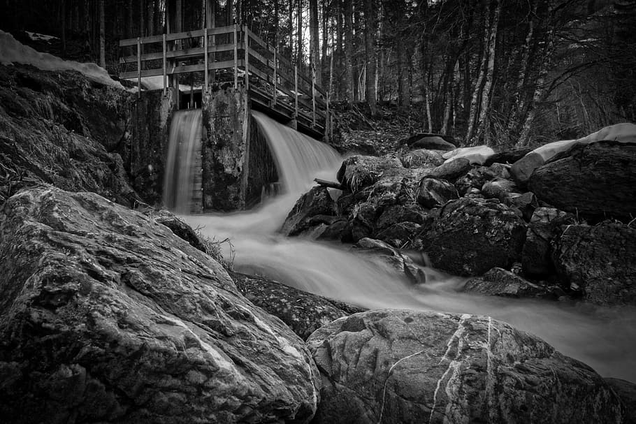 black-and-white, landscape, nature, water, creek, environment HD wallpaper