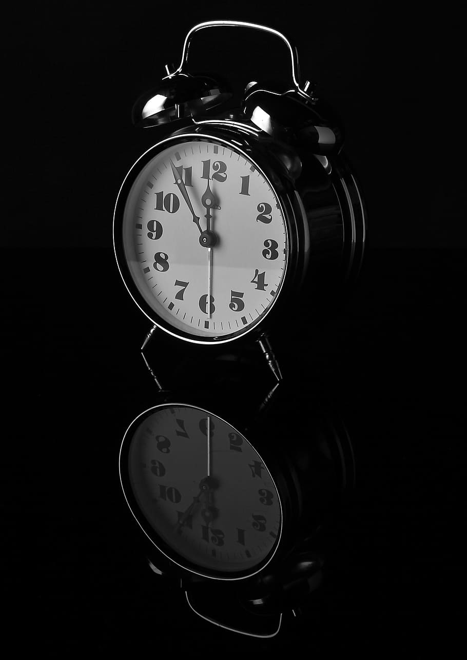 round grey alarm clock displaying 12:50, time, contrast, b w photography, HD wallpaper