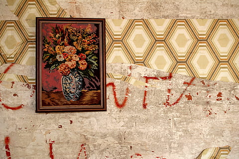 assorted-color flowers in vase painting on brown surface, image HD wallpaper