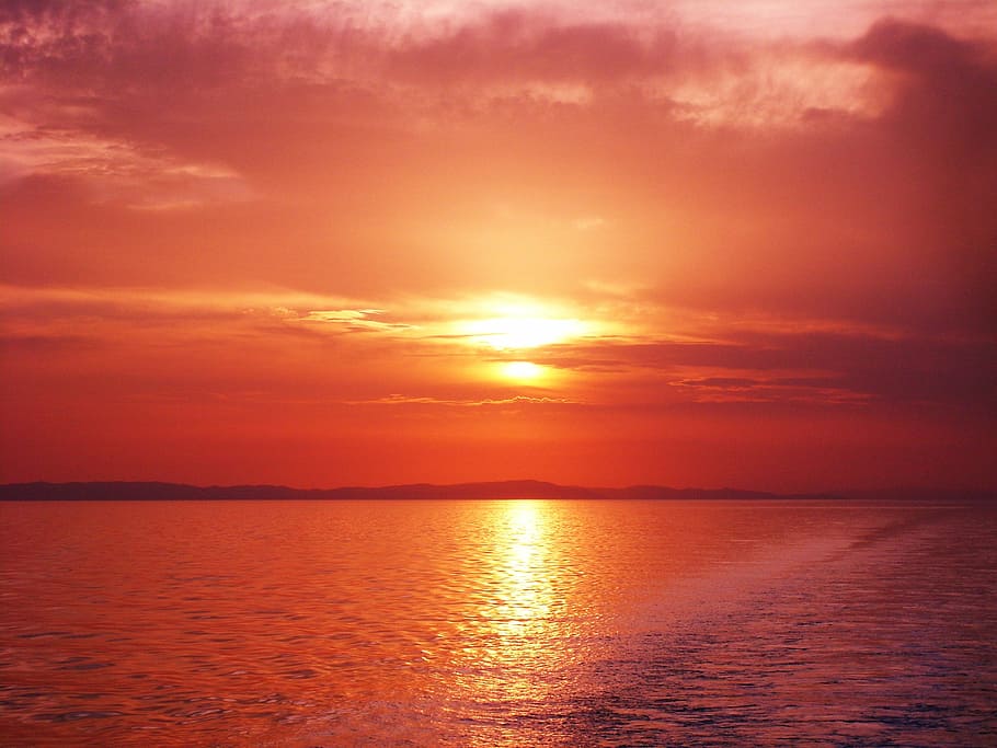 sunset, sea, evening, twilight, ocean, horizon, sunset on the sea HD wallpaper