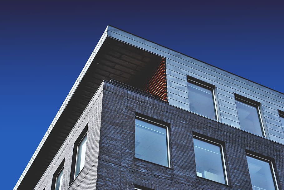 grey concrete building with glass windows, business, architecture HD wallpaper
