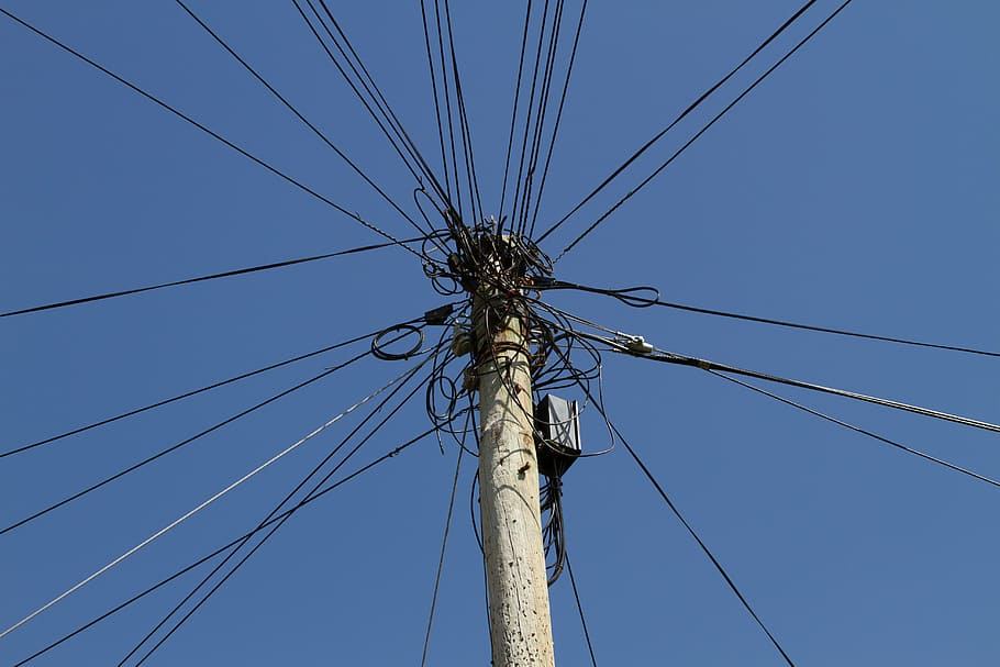 strommast, power cable, cable salad, electricity, power Line HD wallpaper